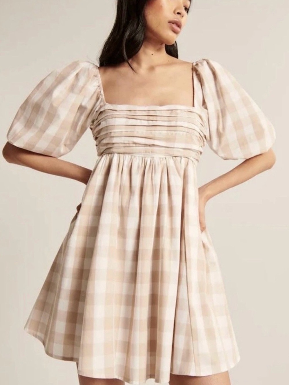 Abercrombie & Fitch Beige Gingham Puff-Sleeve Mini Dress (Bin 105)